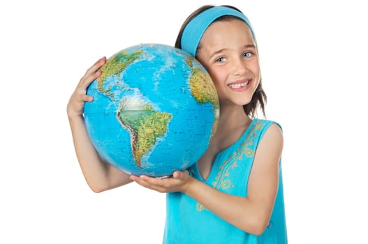 Girl with a globe of the world over white background