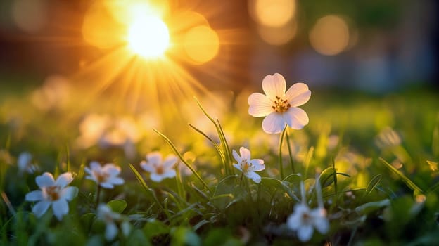 Sunlight filters through trees, creating a warm ambiance as white flowers bloom in soft grass. The scene captures the tranquility of nature during golden hour - Generative AI