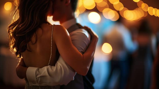 Amidst shimmering lights, two people share an intimate moment, lost in each other's presence while dancing together at a joyful celebration - Generative AI