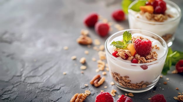 Two clear cups hold creamy yogurt layered with granola and topped with vibrant raspberries and mint on a dark stone surface - Generative AI