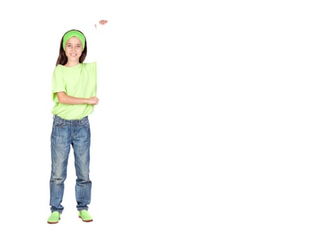 Adorable little girl with a blank poster isolated on white background