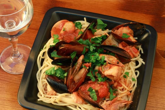a dish with spaghetti with seafood