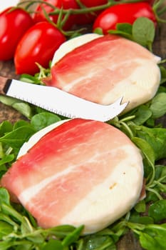 italian tomino cheese with bacon