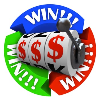 The word Win repeated on several circular arrows around a slot machine whose wheels are lined up in dollar signs symbolizing a jackpot or big winnings