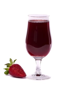Close view of a glass of strawberry juice isolated on a white background.