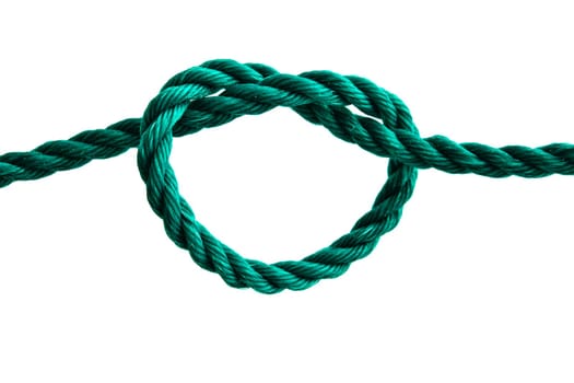 A rope with a heart shape knot closeup on white background