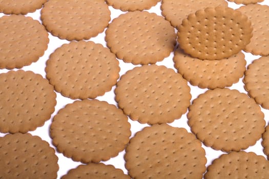 View of many round biscuits isolated on a white background.