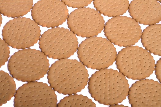 View of many round biscuits isolated on a white background.