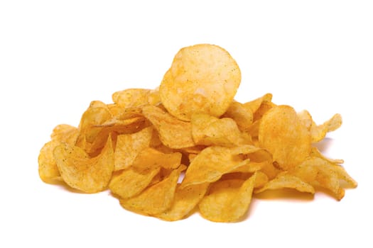 Close view of a bunch of  potato chips isolated on a white background.