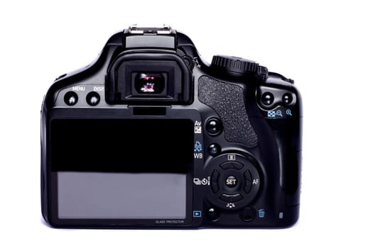 Close view of a modern photographic DSLR camera isolated on a white background.