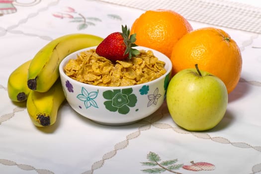 View of a bowl of cereals surrounded by fruit.
