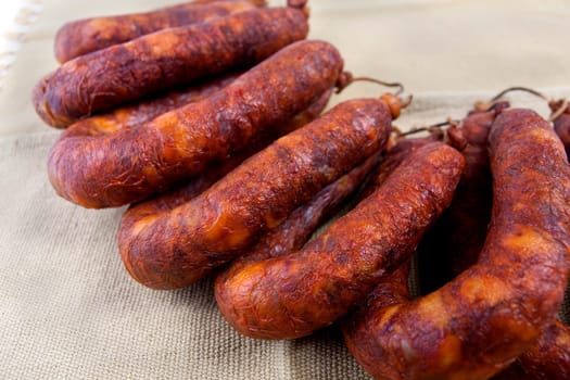 Close up view of some traditional Portuguese chorizo on a table