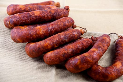 Close up view of some traditional Portuguese chorizo on a table