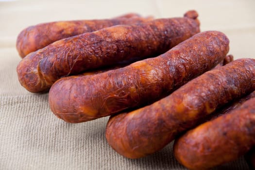 Close up view of some traditional Portuguese chorizo on a table