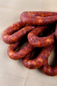 Close up view of some traditional Portuguese chorizo on a table