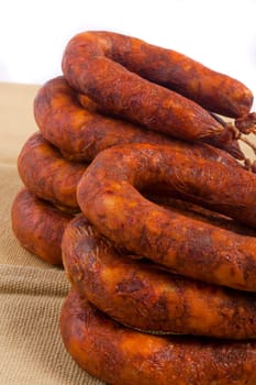 Close up view of some traditional Portuguese chorizo on a table