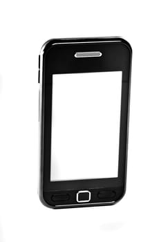 Close up view of a modern touch screen mobile phone isolated on a white background.