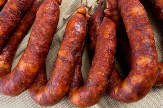 Close up view of some traditional Portuguese chorizo on a table