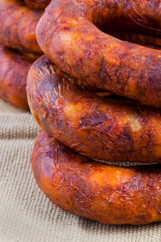 Close up view of some traditional Portuguese chorizo on a table
