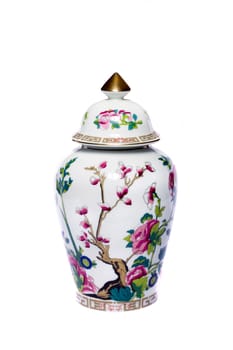 Close up view of a urn ceramic vase isolated on a white background.