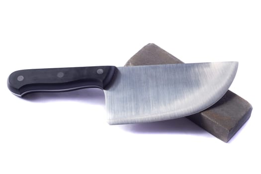 Close up view of butcher knife isolated on a white background.