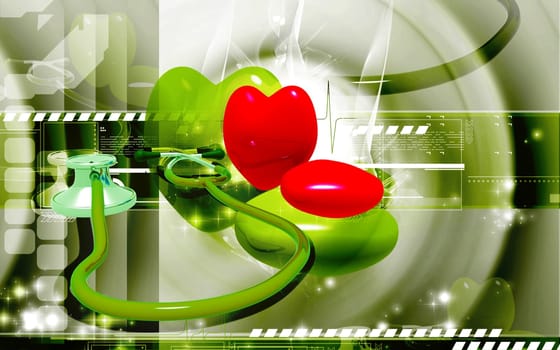 Digital illustration of stethoscope and heart in colour background