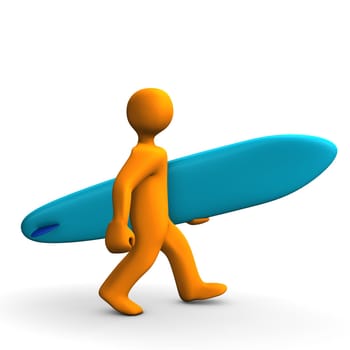 Orange cartoon on the red white surfboard.