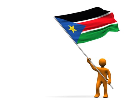 Orange cartoon with a big flag of South Sudan, isolated on white.