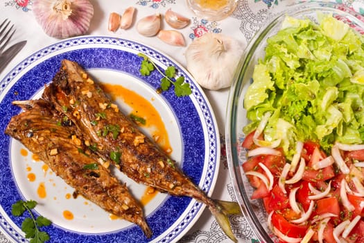 Close up view of a Portuguese meal of Wahoo grilled fish with annatto sauce and Mediterranean salad.