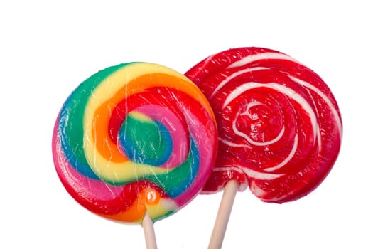 Close up view of a sweet lollipop isolated on a white background.