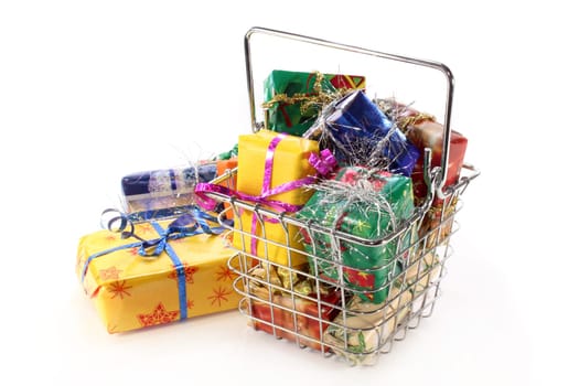 a shopping basket filled with colorful gifts