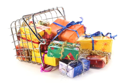 a shopping basket filled with colorful gifts