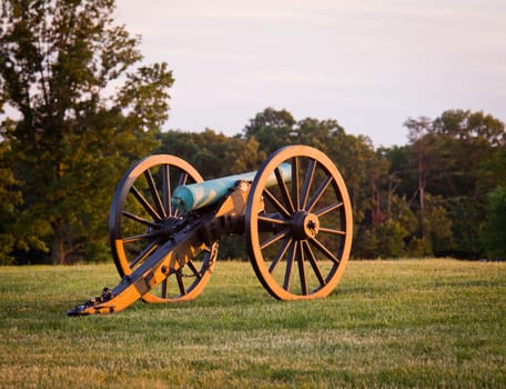 Sunset view of the old cannons in a line at Manassas Civil War battlefield where the Bull Run battle was fought. 2011 is the sesquicentennial of the battle