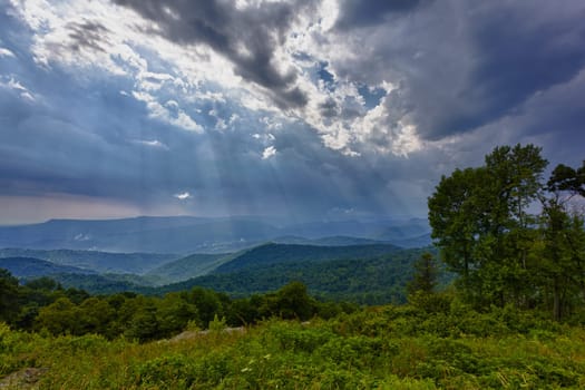 Storm sweeps over Shenandoah Valley from Skyline Drive in the Blue Ridge Mountains of Virginia