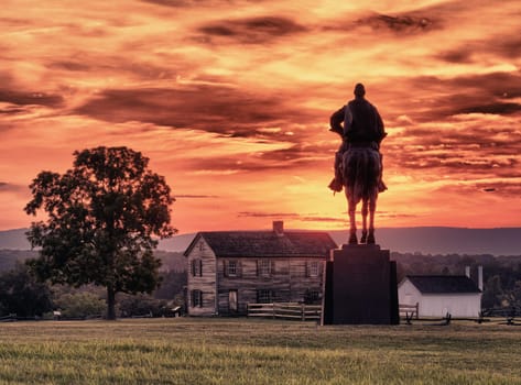 Sunset view of the statue of Andrew Jackson at Manassas Civil War battlefield where the Bull Run battle was fought.  Henry House is in the middleground. The statue was acquired for the nation in 1940. 2011 is the sesquicentennial of the battle