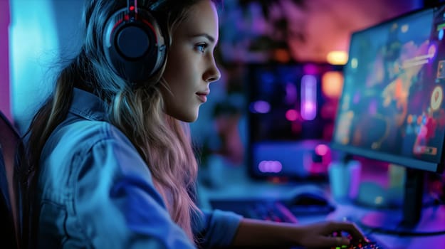 A young woman is deeply engaged in gaming at her computer, surrounded by colorful LED lights creating a vibrant atmosphere. The focus and intensity are evident on her face - Generative AI