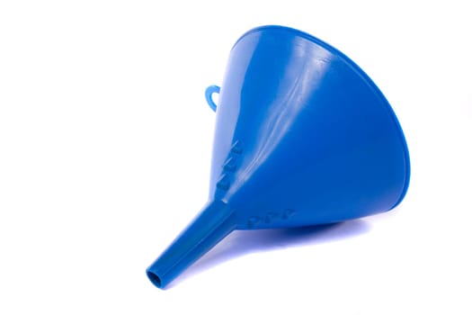 Close up view of a blue funnel for use with water or oil isolated on a white background.