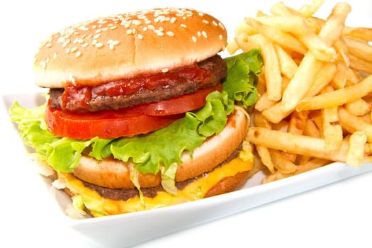 hamburger with potatoes isolated on white background