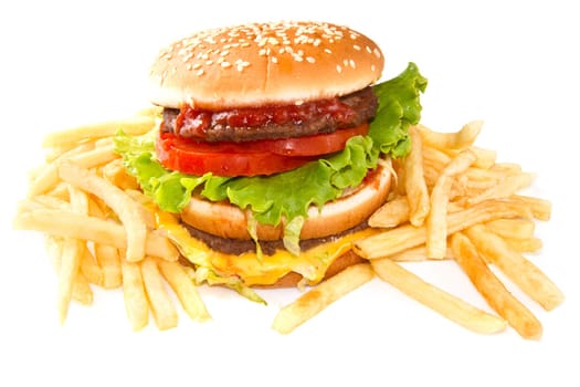 hamburger with potatoes isolated on white background