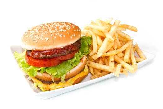 hamburger with potatoes isolated on white background
