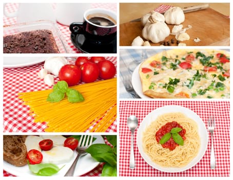 European Cuisine - Collage - Tiramisu, Spaghetti, Omelette, Caprese, Garlic