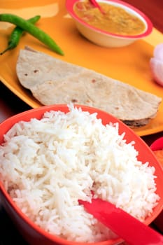 Indian food with chapatti, rice and dal