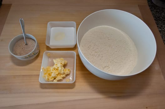 Ingredients Yeast,butter,salt,sugar,flour and milk for yeast dough