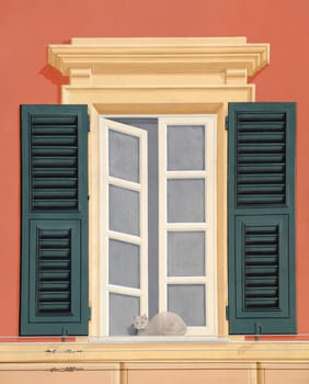 fake window painted on the wall of a building