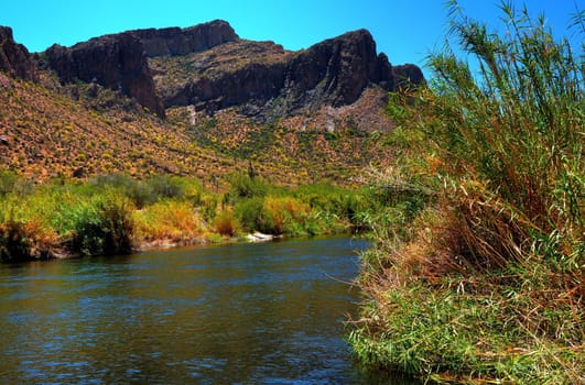 River in the winter Arizona desert mountains