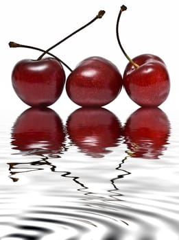Fresh cherries on a white background and reflected on water.
