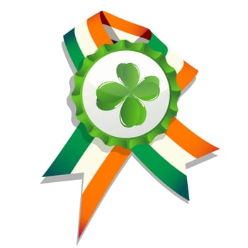 Beer cap with clover leaf and flag of Ireland. Decorative badge for Saint Patrick&#039 s Day. Isolated and grouped objects over white, no mesh or transparencies used.