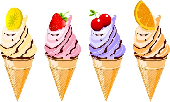 A set of four delicious fruit flavored ice cream cones