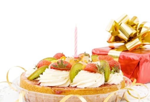 Happy Birthday - festive strawberry cake and gifts. Isolated over white background.