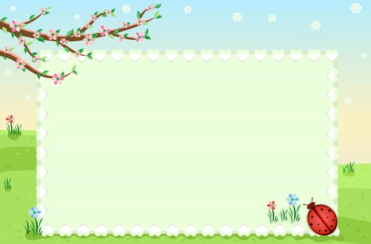 Blank greeting card celebrating the arrival of spring with cherry blossom and ladybug. Suitable for all occasions and anniversaries.